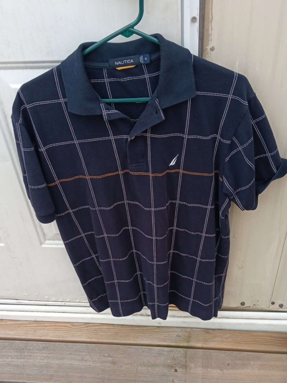 Nautica Men’s Navy Polo with White Grid and Brown Stripe